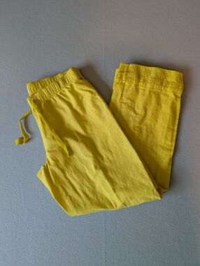 Yellow Eyelet Hem Ankle Pants Cotton Blend Cottagecore Coastal Grandmother Sz S